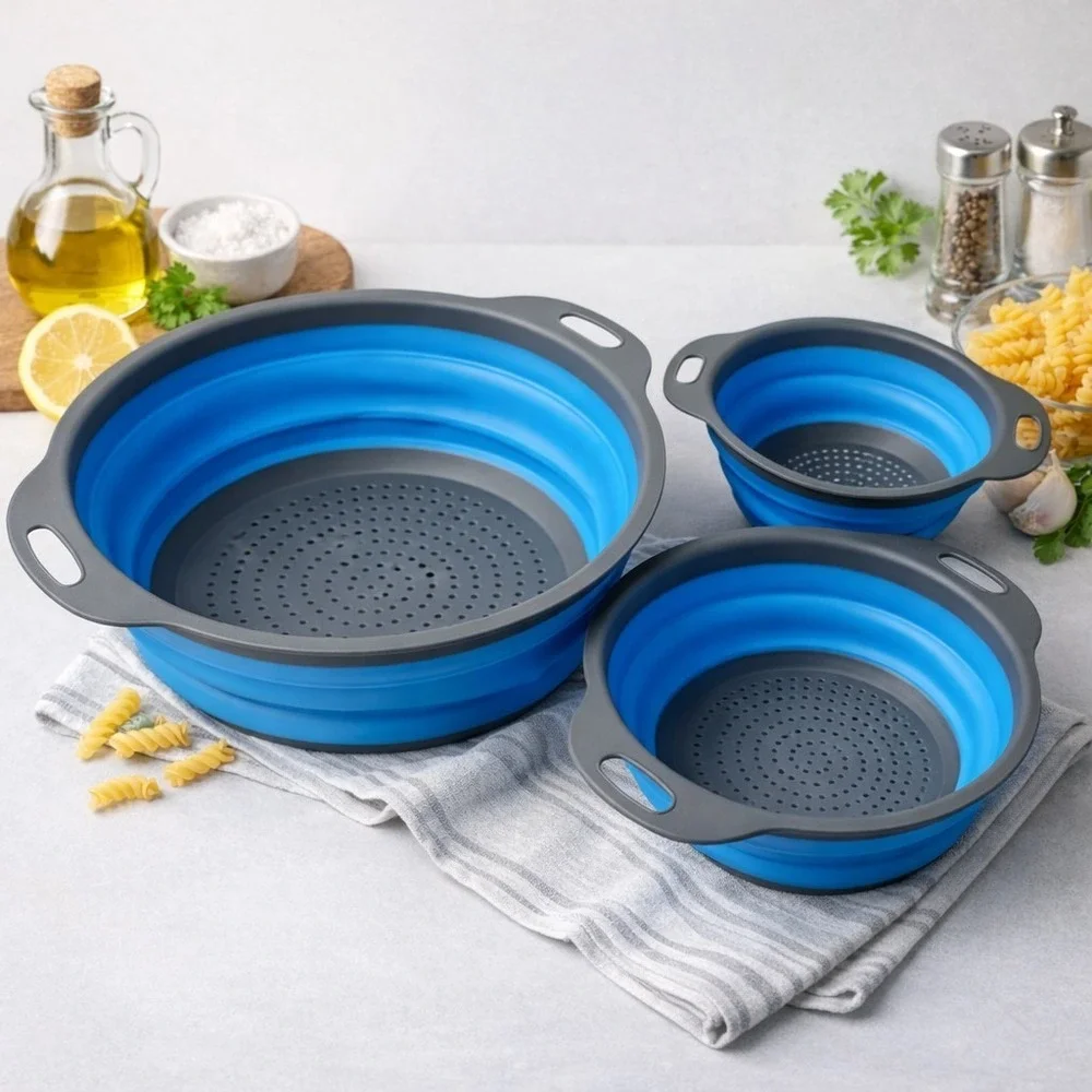 NEW‎ Set of 3 Collapsible Silicone Colanders Blue